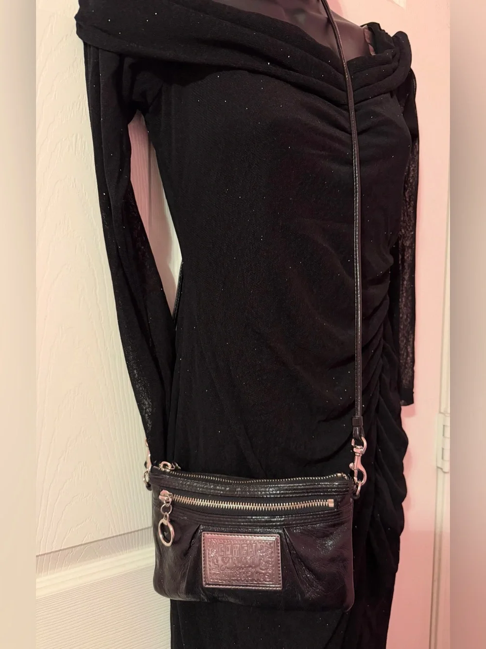 Coach Poppy Black Patent Leather Crossbody with Silver Plaque